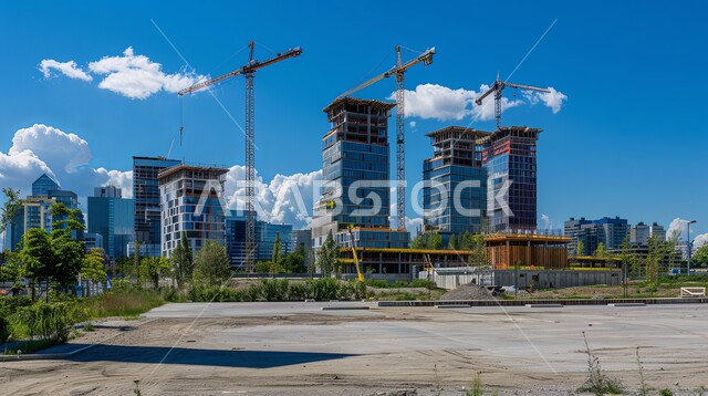 تنفيذ مخطط الإعمار وتشكيل الهيكل المعدني, أعمال البناء وصب الخرسانات ووضع الأساسات, الآلات والمعدات الثقيلة والرافعات والسقالات العالية, مفهوم الهندسة الانشائية والمعمارية, مجموعة من الأبراج تحت التشييد باستخدام الآليات الحديثة في المملكة العربية السعودية