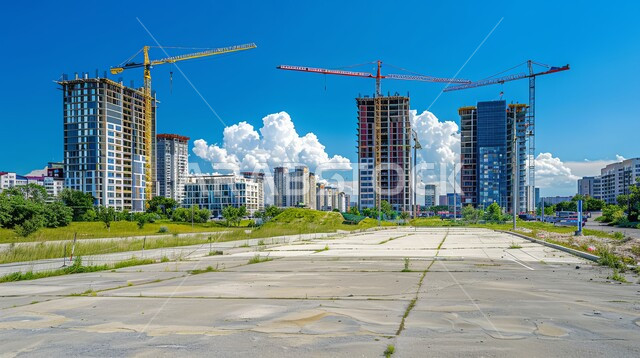 The concept of structural and architectural engineering, a group of towers under construction using modern machinery in the Kingdom of Saudi Arabia, implementing the reconstruction plan and forming the metal structure, construction works, pouring concrete and laying foundations, heavy machinery and equipment, cranes and high scaffolding