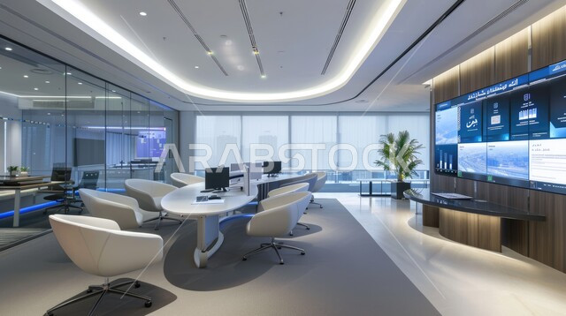 النوافذ والواجهات الزجاجية الكبيرة ، مكتبه بتصاميم وديكورات داخلية فخمة، التصميم العصري الحديث للمكاتب في الشركات والمراكز التجارية السعودية، غرفه اجتماعات واسعة مع طاولة محاطة بكراسي