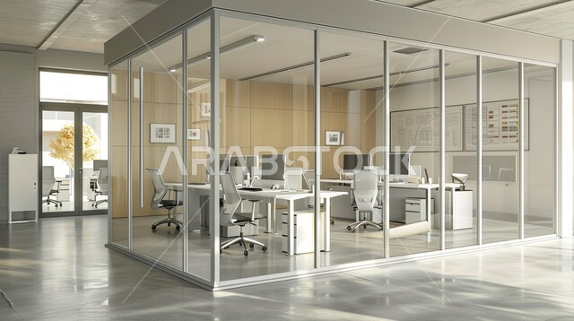 Architectural engineering art of a glass-fronted office, luxury office furniture, accessories and equipment, modern contemporary designs for Saudi corporate offices, work and meeting rooms with clients with modern and elegant interior design and decorations