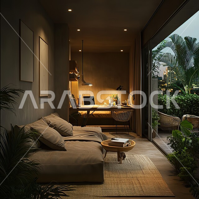 غرفة مكتبية بتصاميم عصرية حديثة، فنون التصميم الداخلي والهندسة المعمارية، مفهوم الدراسة عبر جهاز الحاسوب المحمول في الأجواء الهادئة، أثاث منزلي بديكورات داخلية مميزة، شقق وفلل سكنية راقية في المملكة العربية السعودية، الواجهات الزجاجية المطلة على الطبيعة