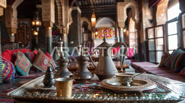 Following Saudi customs and traditions in serving Arabic coffee in a copper pot and cup, enjoying popular gatherings, the concept of hospitality and generosity, hanging illuminated lanterns and traditional decorations.