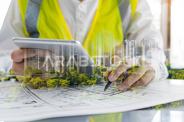 Saudi Vision 2030, Technical and technological progress in the field of architectural engineering design, Close-up of a Saudi Arabian Gulf engineer wearing a protective vest holding a tablet in his hand, Auditing and supervising new projects and towers, Advanced shapes and designs of engineering facilities