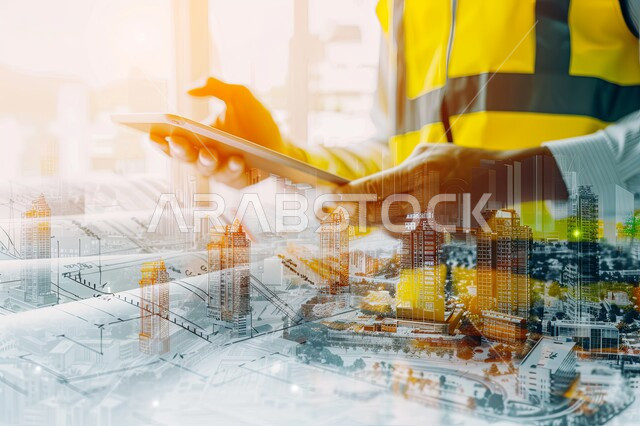 التقدم التقني والتكنولوجي في مجال التصميم الهندسي المعماري، صورة مقربة لمهندس عربي خليجي سعودي يرتدي سترة الحماية يمسك بيده جهاز التابليت, التدقيق والاشراف على المشاريع والأبراج الجديدة، رؤية مستقبلية سعودية 2030, الأشكال والتصاميم المتطورة للمنشآت الهندسية