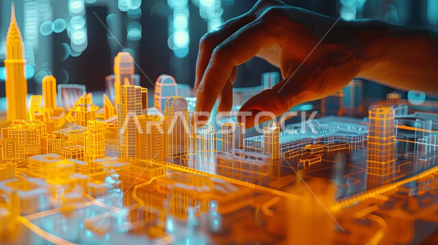 الأشكال والتصاميم الجديدة للمشاريع الهندسية، التقدم التقني والتكنولوجي في مجال التصميم الهندسي المعماري، صورة مقربة ليد رجل يشير إلى الأبراج والمباني والمنشآت على المخطط، رؤية مستقبلية سعودية 2030 ، تدقيق المشاريع والإشراف على العمل