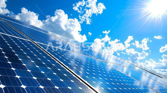 محطات الطاقات الشمسية المتجددة, مفهوم إنتاج الطاقة البديلة الصديقة للبيئة في المملكة العربية السعودية، صورة مقربة لمبنى حديث مزود بألواح الطاقة الكهرضوئية, ناطحة سحاب زجاجية تعكس السماء الزرقاء مع السحب البيضاء