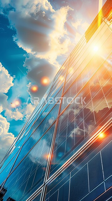 مفهوم إنتاج الطاقة البديلة الصديقة للبيئة في المملكة العربية السعودية، منظر السماء المليئة بالغيوم البيضاء، صورة مقربة لمبنى حديثة مزود بألواح الطاقة الكهرضوئية, محطات الطاقات الشمسية المتجددة