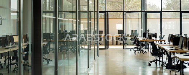 Modern office equipment with elegant and comfortable furniture, advanced modern designs, meeting table in the offices of companies in the Kingdom of Saudi Arabia, huge glass facades in the work office, upscale interior decorations in a modern style