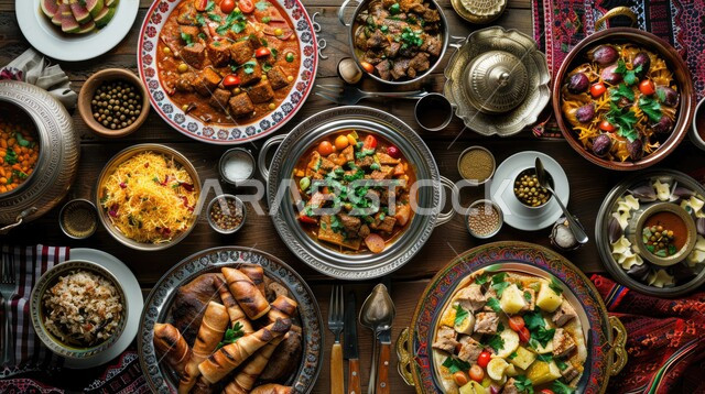 أجواء شهر رمضان المبارك، العزائم والولائم في الأعياد والمناسبات الاسلامية ، المقبلات والأطباق المعدنية  والأصناف العربية الشرقية اللذيذة ، مائدة طعام مليئة بالوجبات المتنوعة الرمضانية، سفرة من المأكولات الشعبية التقليدية الشهية