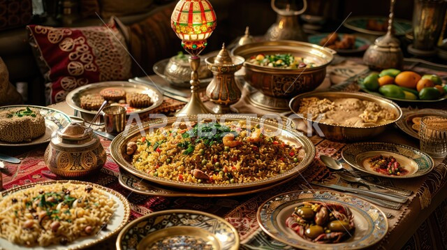 A dining table full of various Ramadan meals, a table of delicious traditional popular foods, the atmosphere of the holy month of Ramadan, invitations and banquets on Islamic holidays and occasions, appetizers, metal dishes and delicious oriental Arabic dishes
