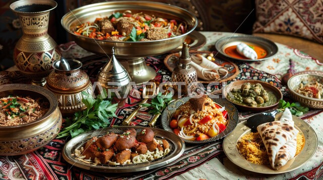 المقبلات والأطباق المعدنيه  والأصناف العربية الشرقية اللذيذة، مائدة طعام مليئة بالوجبات المتنوعة الرمضانية، سفرة من المأكولات الشعبية التقليدية الشهية، أجواء شهر رمضان المبارك، العزائم والولائم في الأعياد والمناسبات الاسلامية