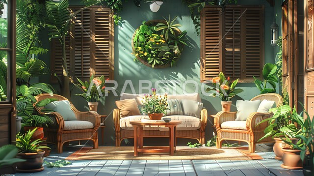 A place to relax and unwind in the middle of nature, elegant interior design for villas and apartments in Saudi Arabia, living room with simple home furniture, interest in green ornamental plants, modern style living room interior design