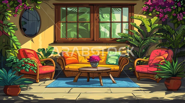 ديكور داخلي راقي للفلل والشقق السكنية في المملكة العربية السعودية، غرفة معيشة مع أثاث منزلي بسيط، الاهتمام في نباتات الزينة الخضراء، الديكورات الداخلية لغرف الجلوس على الطراز الحديث، مكان للاسترخاء والاستجمام وسط الطبيعة