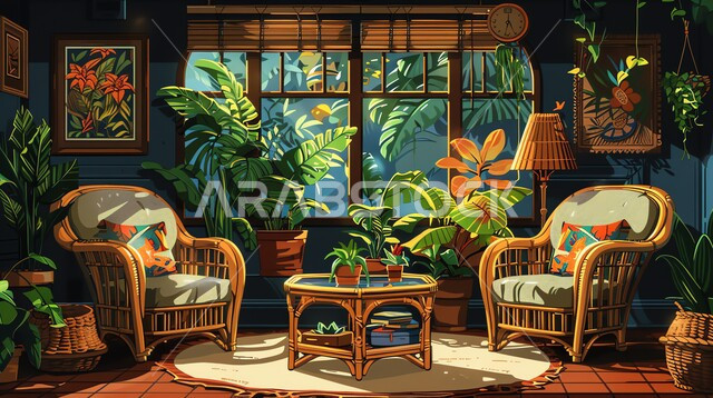 الديكورات الداخلية لغرف الجلوس على الطراز الحديث، مكان للاسترخاء والاستجمام وسط الطبيعة، ديكور داخلي راقي للفلل والشقق السكنية في المملكة العربية السعودية, غرفة معيشة مع أثاث منزلي بسيط, الاهتمام في نباتات الزينة الخضراء