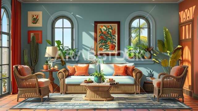 ديكور داخلي راقي للفلل والشقق السكنية في المملكة العربية السعودية, غرفة معيشة مع أثاث منزلي بسيط, الاهتمام في نباتات الزينة الخضراء, التصاميم الداخلية لغرف الجلوس على الطراز الحديث، مكان للاسترخاء والاستجمام وسط الطبيعة