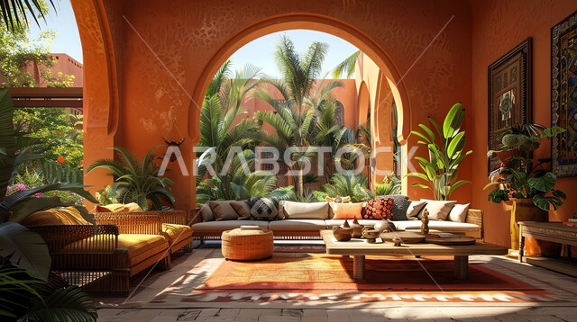 التصاميم الداخلية لغرف الجلوس على الطراز الحديث، مكان للاسترخاء والاستجمام وسط الطبيعة، ديكور داخلي راقي للفلل والشقق السكنية في المملكة العربية السعودية، غرفة معيشة مع أثاث منزلي بسيط، الاهتمام في نباتات الزينة الخضراء