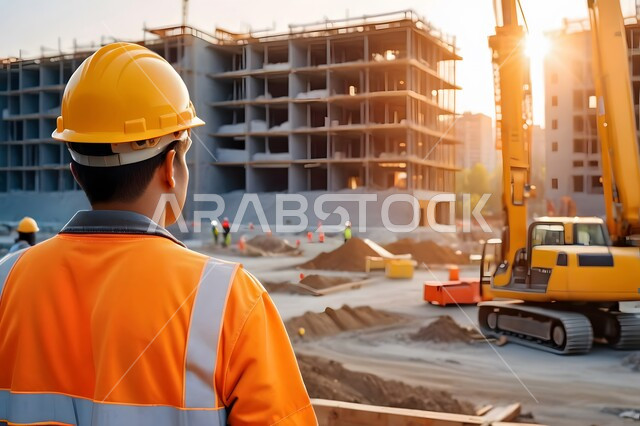 Working in the field of structural engineering, following up on architectural projects, supervising the progress of construction work, close-up from the back of a Saudi Arabian Gulf engineer wearing a safety jacket and helmet monitoring the implementation at the work site