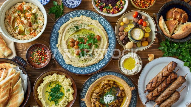 المقبلات النباتية الباردة اللذيذة، طبق من كريم الحمص المزين بالتوابل والخضراوات، مأكولات شعبية تقليدية، وصفات طعام شرقية عربية سعودية