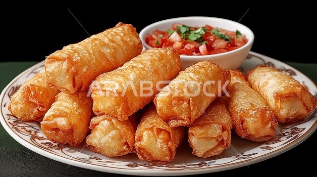  ماكولات عربيه سريعة ساخنة، صوره مقربه لطبق شهي من لفائف الربيع المقلية المحشوة باللحوم والأسماك مع وعاء صغير من صلصة الطماطم الطازجة، مقبلات مقرمشة ولذيذة.  خلفيه سوداء