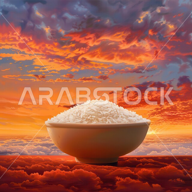 خلفية السماء والغيوم وقت غروب الشمس, وعاء من أرز الكبسة الابيض المسلوق، وصفات أطعمة سعودية صحية لذيذة، فنون الضيافة في المطاعم الشرقية, طبق من أرز البرياني المطبوخ، الأطعمة والأطباق التقليدية العربية