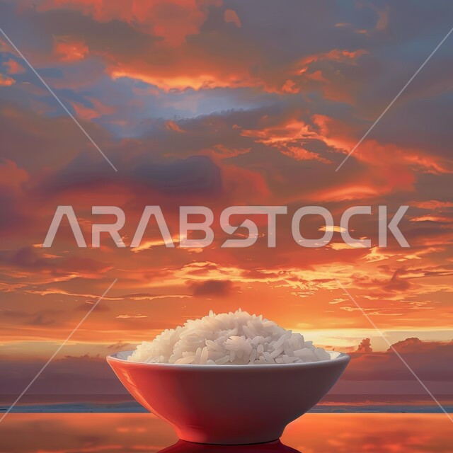 خلفية السماء والغيوم وقت غروب الشمس, وعاء من أرز الكبسة الابيض المسلوق، وصفات أطعمة سعودية صحية لذيذة، فنون الضيافة في المطاعم الشرقية, طبق من أرز البرياني المطبوخ، الأطعمة والأطباق التقليدية العربية