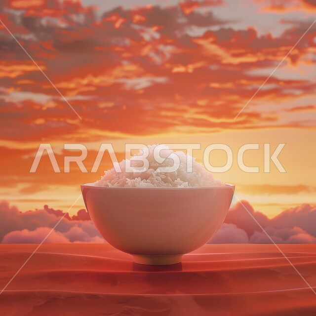 خلفية السماء والغيوم وقت غروب الشمس, وعاء من أرز الكبسة الابيض المسلوق، وصفات أطعمة سعودية صحية لذيذة، فنون الضيافة في المطاعم الشرقية, طبق من أرز البرياني المطبوخ، الأطعمة والأطباق التقليدية العربية