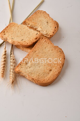 مجموعة من نباتات القمح ، صورة مقربة لشرائح خبز التوست المحمصة على خلفية بيضاء