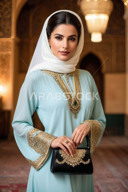 حجابات وملابس نسائية, مفهوم الأناقة والأنوثة, امرأة عربية خليجية سعودية محجبة ترتدي عباءة ملونة و مزخرفة تنظر إلى الكاميرا بإيماءات الثقة, الاهتمام بالمظهر الخارجي, تصاميم عصرية حديثة