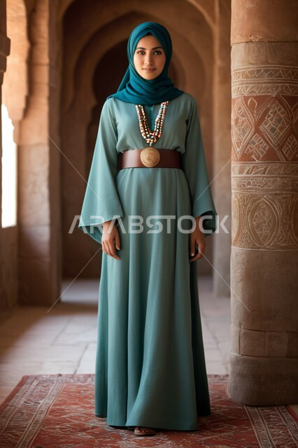 مفهوم الأناقة والأنوثة, امرأة عربية خليجية سعودية محجبة ترتدي عباءة ملونة و مزخرفة تنظر إلى الكاميرا بإيماءات الثقة, الاهتمام بالمظهر الخارجي, حجابات وملابس نسائية, تصاميم عصرية حديثة