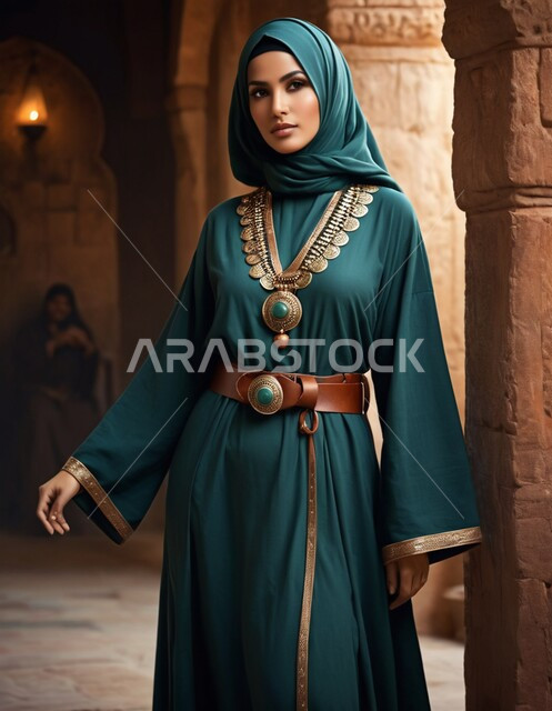 تصاميم عصرية حديثة, مفهوم الأناقة والأنوثة, امرأة عربية خليجية سعودية محجبة ترتدي عباءة ملونة و مزخرفة تنظر إلى الكاميرا بإيماءات الثقة, الاهتمام بالمظهر الخارجي, حجابات وملابس نسائية