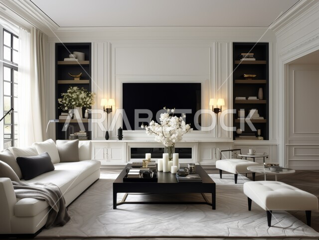 A living room with modern contemporary designs, a sitting room and upscale home furniture, interior decorations in color, luxurious modern designs, residential apartments and villas, luxury hotels and resorts, interior decor.