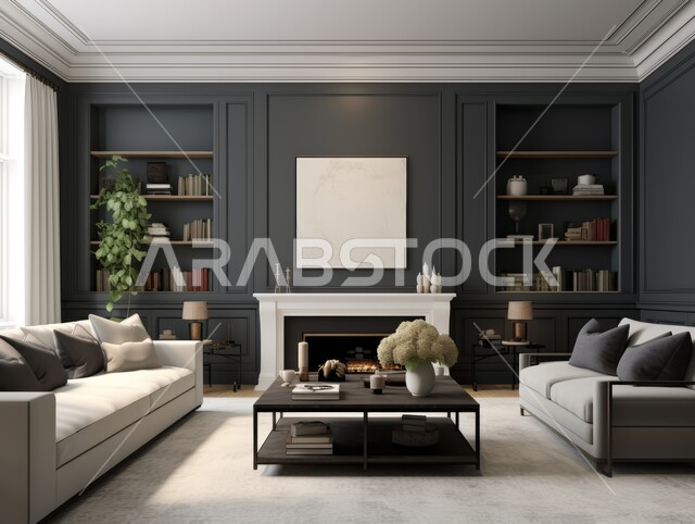 غرفة معيشة بتصاميم عصرية حديثه، غرفة جلوس و أثاث منزلي راقي، ديكورات داخليه باللون الاسود،  تصاميم عصرية فاخرة، شقق وفلل سكنية, فنادق ومنتجعات فاخره، ديكور داخلي