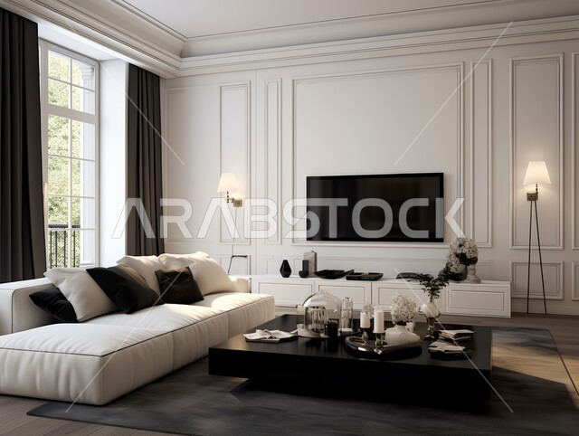 Modern living room interior with a white sofa, black coffee tabl