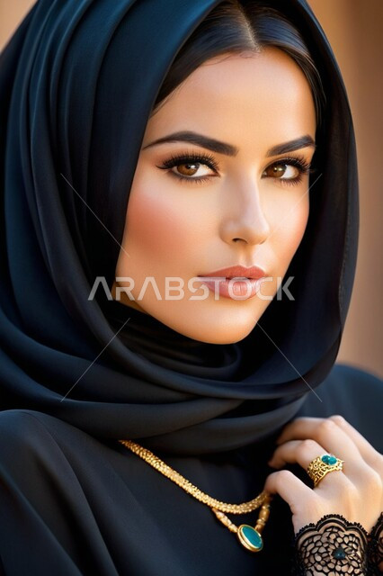 مفهوم الأنوثة والنعومة، الاهتمام بالمظهر الخارجي، صورة مقربة لامرأة عربية خليجية سعودية محجبة ترتدي عباءة سوداء و مزخرفة تنظر إلى الكاميرا بإيماءات الثقة بالنفس, أزياء محجبات عصرية فاخرة
