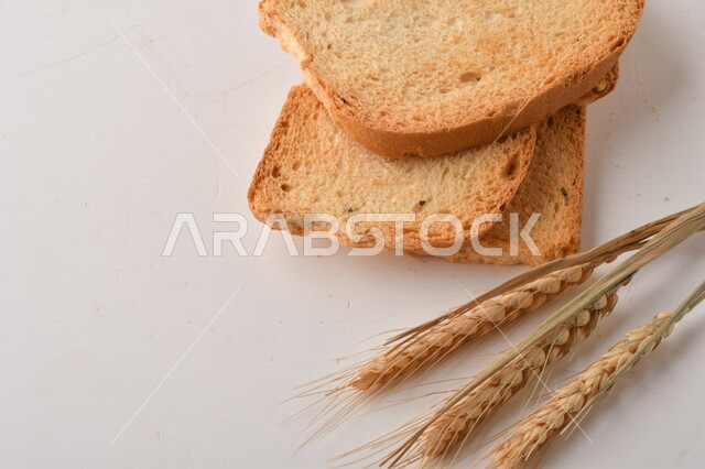 مجموعة من نباتات القمح ، صورة مقربة لشرائح خبز التوست المحمصة على خلفية بيضاء