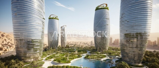 المباني والمنشآت التجارية الشاهقة في المملكة العربية السعودية، رؤية سعودية مستقبلية 2030، الفن الهندسي المعماري للأبراج وناطحات السحاب، بناء مدن ذكية ومستقبل حضاري ومتطور، أماكن ومعالم سياحية مشهورة، منظر تخيلي مستقبلي للتقدم و النمو العمراني