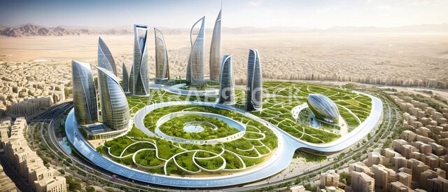 بناء مدن ذكية ومستقبل حضاري ومتطور، منظر تخيلي مستقبلي للتقدم و النمو العمراني، المباني والمنشآت التجارية الشاهقة في المملكة العربية السعودية، رؤية سعودية مستقبلية 2030، الفن الهندسي المعماري للأبراج وناطحات السحاب