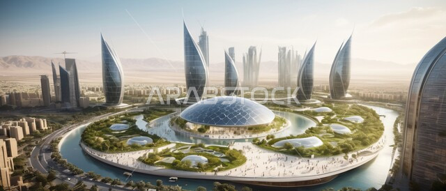 بناء مدن ذكية ومستقبل حضاري ومتطور، منظر تخيلي مستقبلي للتقدم و النمو العمراني، المباني والمنشآت التجارية الشاهقة في المملكة العربية السعودية، رؤية سعودية مستقبلية 2030، الفن الهندسي المعماري للأبراج وناطحات السحاب