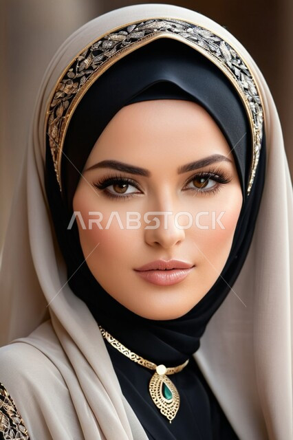 مفهوم النعومة والأنوثة، أناقة النساء السعوديات، أزياء محجبات تقليدية راقية، صورة مقربة لامرأة عربية خليجية سعودية محجبة ترتدي عباءة تراثية مزخرفة تنظر الى الكاميرا بإيماءات الجدية والثقة بالنفس