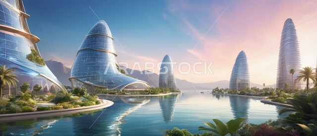  رؤية سعودية مستقبلية 2030، الفن الهندسي المعماري للأبراج وناطحات السحاب، بناء مدن ذكية ومستقبل حضاري ومتطور، منظر تخيلي مستقبلي للتقدم و النمو العمراني، المباني والمنشآت التجارية الشاهقة في المملكة العربية السعودية