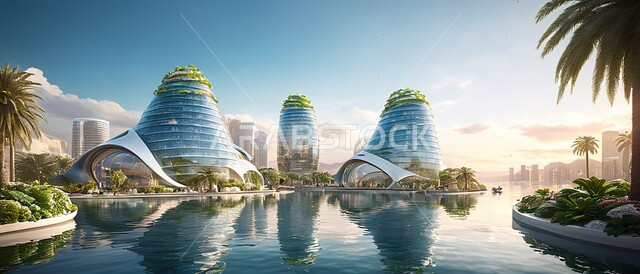الفن الهندسي المعماري للأبراج وناطحات السحاب، بناء مدن ذكية ومستقبل حضاري ومتطور، منظر تخيلي مستقبلي للتقدم و النمو العمراني، المباني والمنشآت التجارية الشاهقة في المملكة العربية السعودية، رؤية سعودية مستقبلية 2030