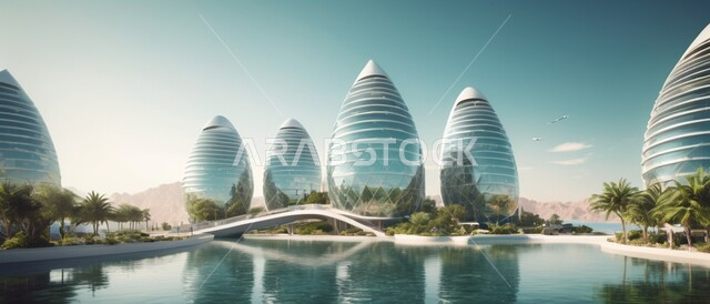 الفن الهندسي المعماري للأبراج وناطحات السحاب، بناء مدن ذكية ومستقبل حضاري ومتطور، منظر تخيلي مستقبلي للتقدم و النمو العمراني، المباني والمنشآت التجارية الشاهقة في المملكة العربية السعودية، رؤية سعودية مستقبلية 2030