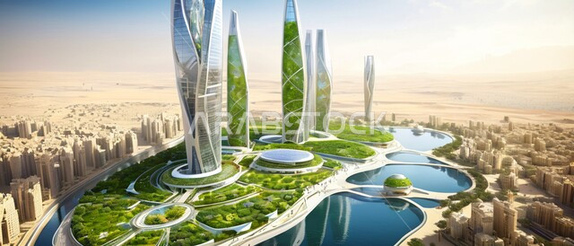  رؤية سعودية مستقبلية 2030، الفن الهندسي المعماري للأبراج وناطحات السحاب، بناء مدن ذكية ومستقبل حضاري ومتطور، منظر تخيلي مستقبلي للتقدم و النمو العمراني، المباني والمنشآت التجارية الشاهقة في المملكة العربية السعودية