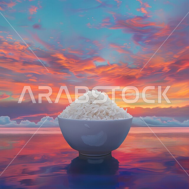 صحن من أرز الكبسة الابيض المسلوق، وصفات أطعمة سعودية صحية لذيذة، فنون الضيافة في المطاعم الشرقية, طبق من أرز البرياني المطبوخ، الأطعمة والأطباق التقليدية العربية, خلفية السماء والغيوم وقت غروب الشمس