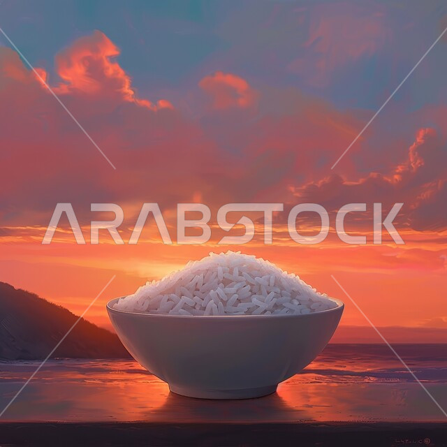 Traditional Arabic foods and dishes, a plate of cooked biryani rice, delicious healthy Saudi food recipes, a plate of boiled white Kabsa rice, the art of hospitality in oriental restaurants, a background of the sky and clouds at sunset