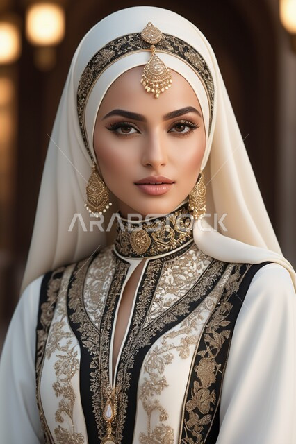 ملابس نسائية بتصاميم عصرية، مفهوم الأنوثة والنعومة, صورة مقربة لامرأة عربية خليجية سعودية محجبة ترتدي عباءة تقليدية مزخرفة تنظر إلى الكاميرا بإيماءات الثقة بالنفس, الاهتمام بالأناقة والمظهر الخارجي