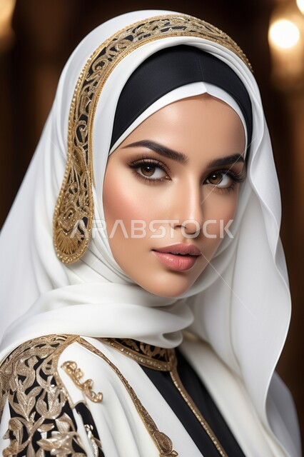 الاهتمام بالأناقة والمظهر الخارجي, ملابس نسائية بتصاميم عصرية، مفهوم الأنوثة والنعومة, صورة مقربة لامرأة عربية خليجية سعودية محجبة ترتدي عباءة تقليدية مزخرفة تنظر إلى الكاميرا بإيماءات الثقة بالنفس