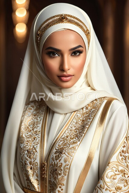 مفهوم الأنوثة والنعومة, صورة مقربة لامرأة عربية خليجية سعودية محجبة ترتدي عباءة تقليدية مزخرفة تنظر إلى الكاميرا بإيماءات الثقة بالنفس, الاهتمام بالأناقة والمظهر الخارجي, ملابس نسائية بتصاميم عصرية