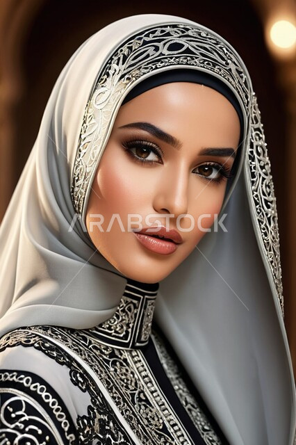 ملابس نسائية بتصاميم عصرية، مفهوم الأنوثة والنعومة, صورة مقربة لامرأة عربية خليجية سعودية محجبة ترتدي عباءة تقليدية مزخرفة تنظر إلى الكاميرا بإيماءات الثقة بالنفس, الاهتمام بالأناقة والمظهر الخارجي
