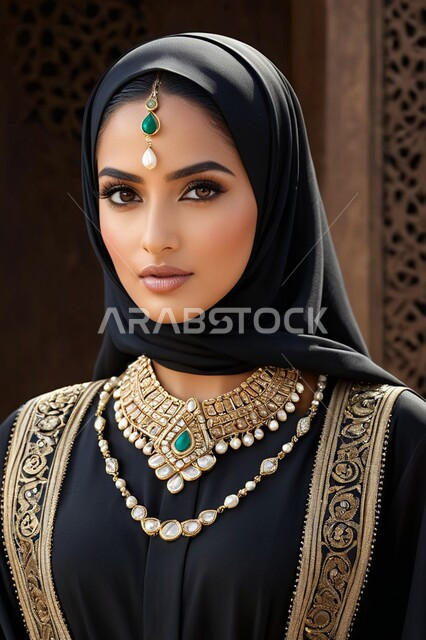 الاهتمام بالأناقة والمظهر الخارجي, ملابس نسائية بتصاميم عصرية، مفهوم الأنوثة والنعومة, صورة مقربة لامرأة عربية خليجية سعودية محجبة ترتدي عباءة تقليدية مزخرفة تنظر إلى الكاميرا بإيماءات الثقة بالنفس